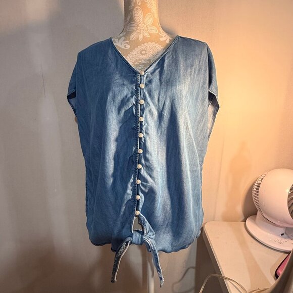 Talbots 2X Denim Chambray Tencel Tie Hem Button Top Plus Beachy Vacation Blse - Picture 3 of 5